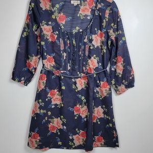 Aerie Smokey Blue with Floral Print Tassle Belted Tunic or Dress, EUC, Sz Small